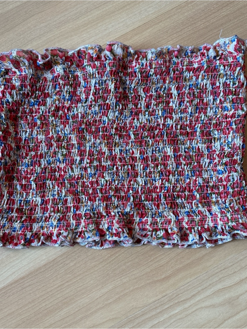 SHEIN Red Floral Smocked Tube Top with Blue & Cream Accents
